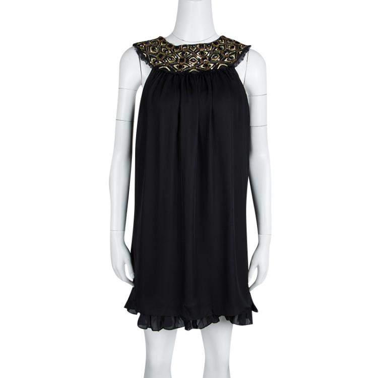 مملوكة مسبقًا Alice + Olivia Black Embellished Neck Detail Sleeveless Silk Trapeze Dress XS