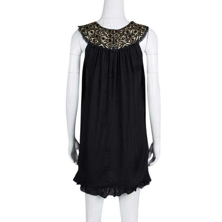 مملوكة مسبقًا Alice + Olivia Black Embellished Neck Detail Sleeveless Silk Trapeze Dress XS