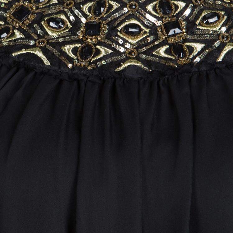 مملوكة مسبقًا Alice + Olivia Black Embellished Neck Detail Sleeveless Silk Trapeze Dress XS