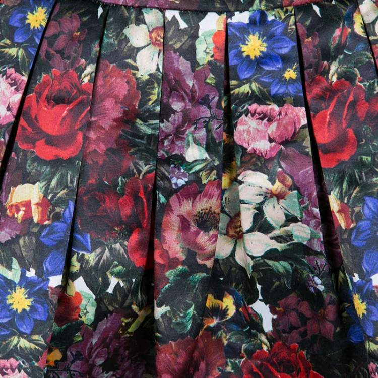 Pre Owned Alice + Olivia Multicolor Floral Print Pleated Fizer Satin Mini Skirt S 