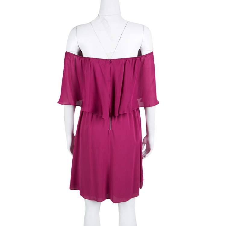 Pre Owned Alice + Olivia Cranberry Silk Dora Ruffled Off Shoulder Dress S
