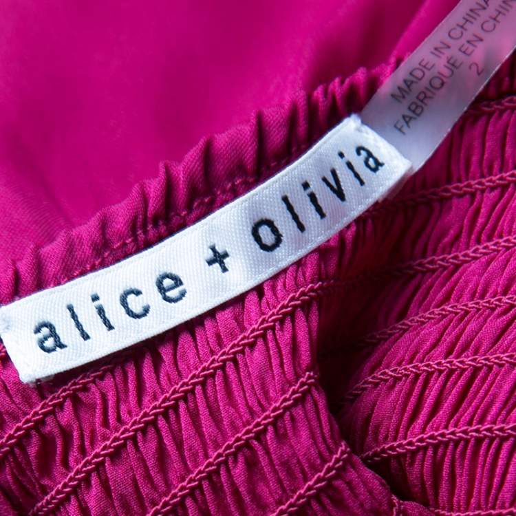 Pre Owned Alice + Olivia Cranberry Silk Dora Ruffled Off Shoulder Dress S