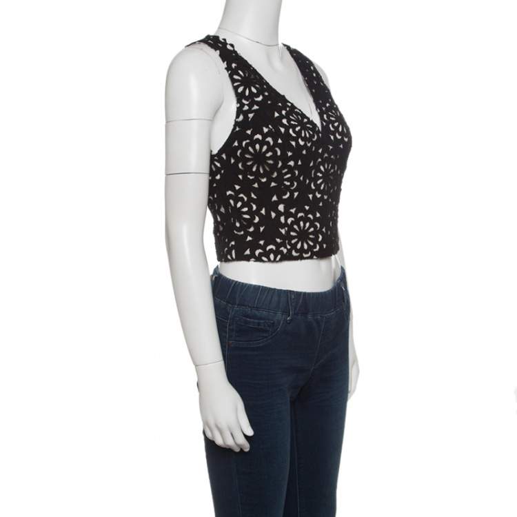 Pre Owned Alice + Olivia Black Floral Laser Cut Sleeveless Lyla Crop Top S