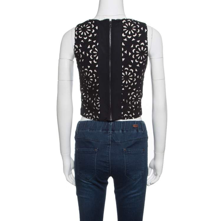 Pre Owned Alice + Olivia Black Floral Laser Cut Sleeveless Lyla Crop Top S