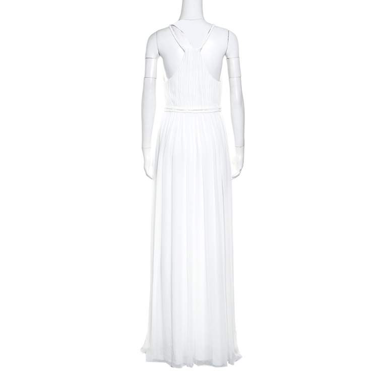 Pre Owned Alice + Olivia White Plisse Plunge Neck Naomi Goddess Gown S