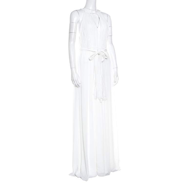 Pre Owned Alice + Olivia White Plisse Plunge Neck Naomi Goddess Gown S