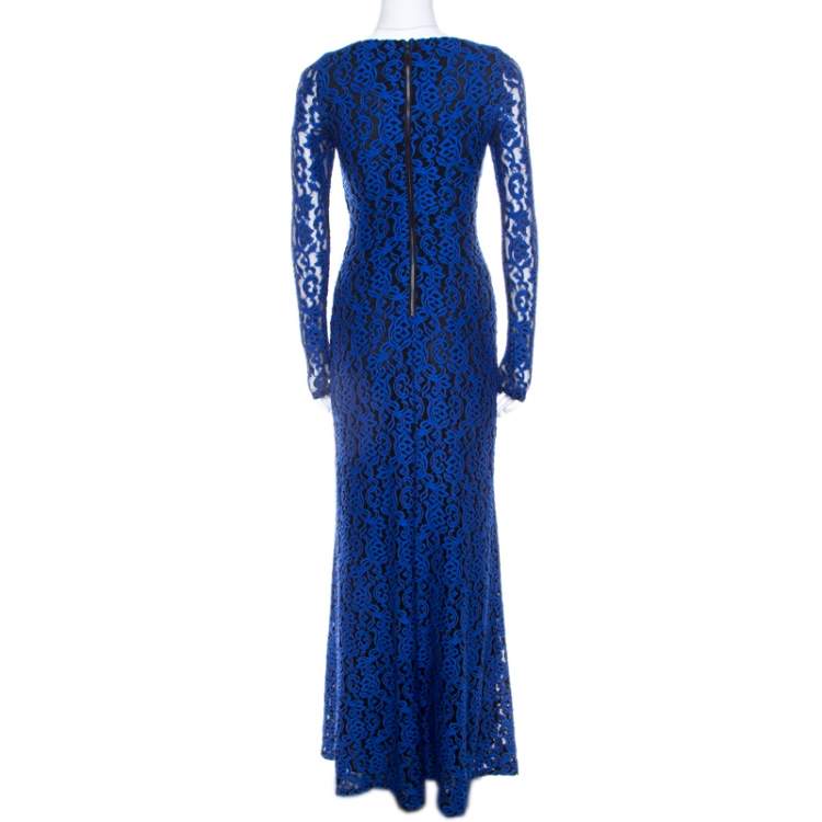 مملوكة مسبقًا Alice + Olivia Cobalt Blue Lace Long Sleeve Flared Maryanna Maxi Dress XS