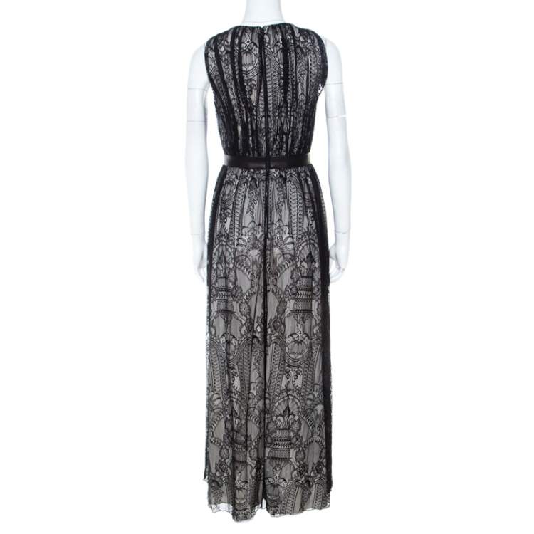 Pre Owned Alice + Olivia Black Lace Leather Trim Sleeveless Sybil Maxi Dress S