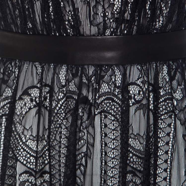 Pre Owned Alice + Olivia Black Lace Leather Trim Sleeveless Sybil Maxi Dress S