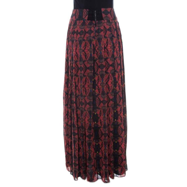 Pre Owned Alice + Olivia Red Romantic Butterfly Print Chiffon Pleated Maxi Skirt S