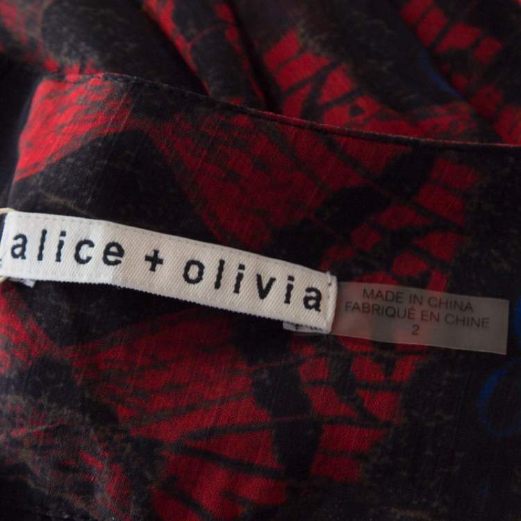 Pre Owned Alice + Olivia Red Romantic Butterfly Print Chiffon Pleated Maxi Skirt S