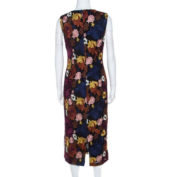 Pre Owned Alice + Olivia Multicolor Floral Embroidered Lace Nat Midi Dress L 