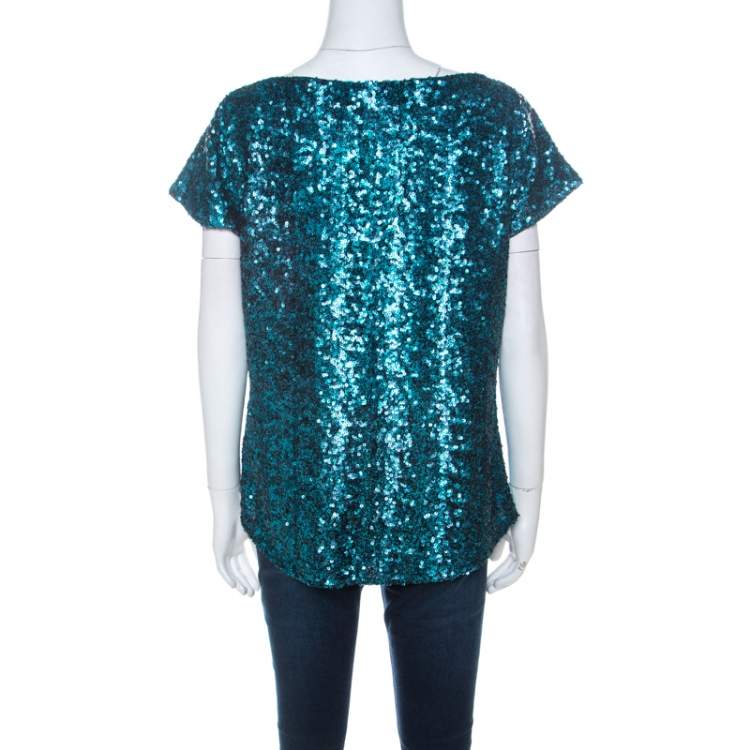 Pre Owned Alice + Olivia Teal Blue & Black Sequinned Cap Sleeves Top L
