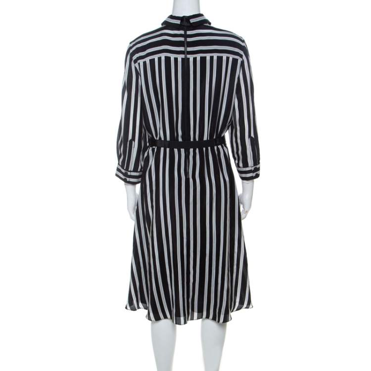 مملوكة مسبقًا Alice + Olivia Employed Monochrome Striped Silk Necktie Detail Belted Dress L