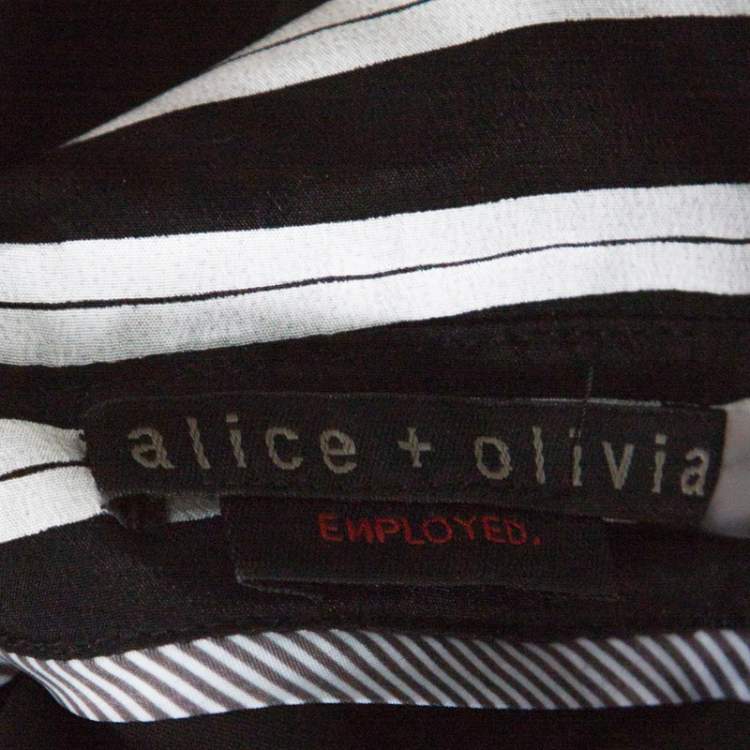 مملوكة مسبقًا Alice + Olivia Employed Monochrome Striped Silk Necktie Detail Belted Dress L
