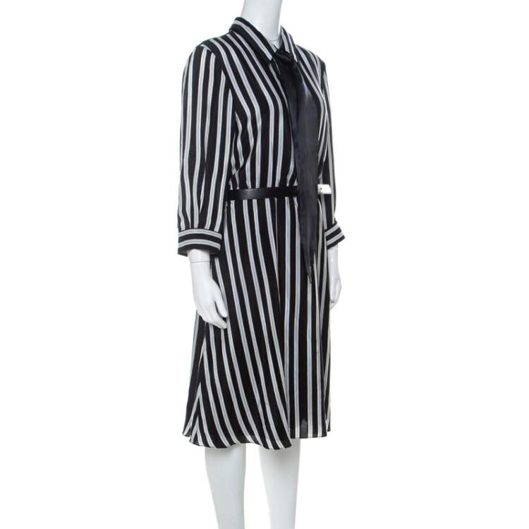 مملوكة مسبقًا Alice + Olivia Employed Monochrome Striped Silk Necktie Detail Belted Dress L