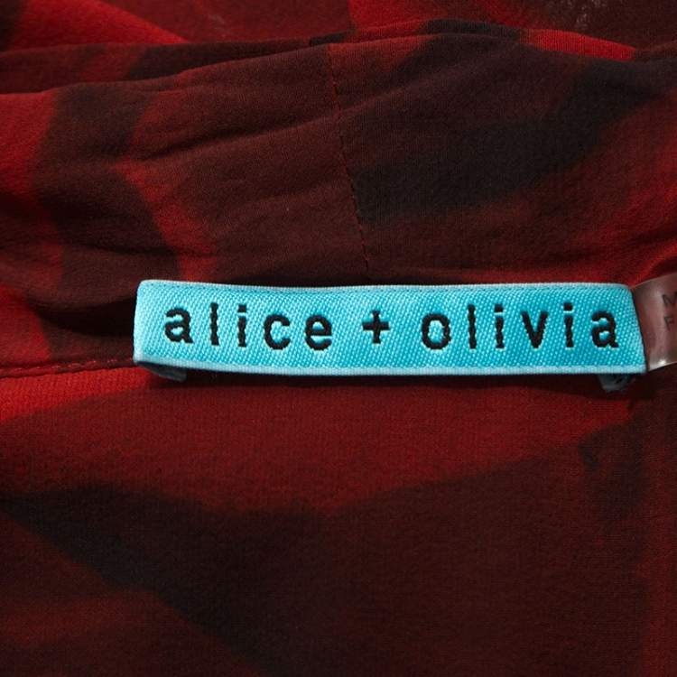 Pre Owned Alice + Olivia Red Rose Print Silk Tie Neck Detail Sleeveless Top M