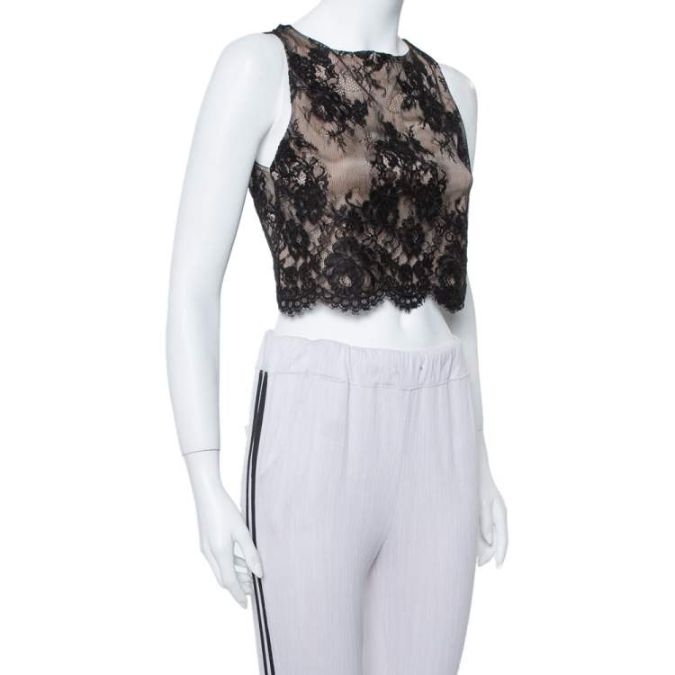 Pre Owned Alice + Olivia Black Scallop Lace Overlay Sleeveless Cropped Top XS