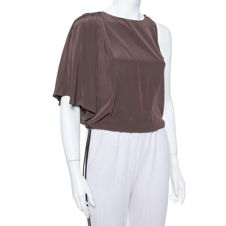 Pre Owned Alice + Olivia Brown Silk Asymmetric Draped Top XS