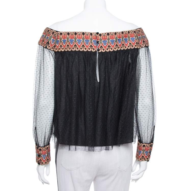 Pre Owned Alice + Olivia Black Tulle Contrast Trim Detail Off Shoulder Top L