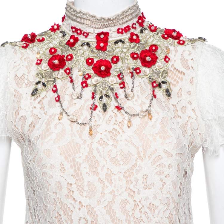 Pre Owned Alice + Olivia Cream Lace Embellished Fit & Flare Francine Mini Dress M