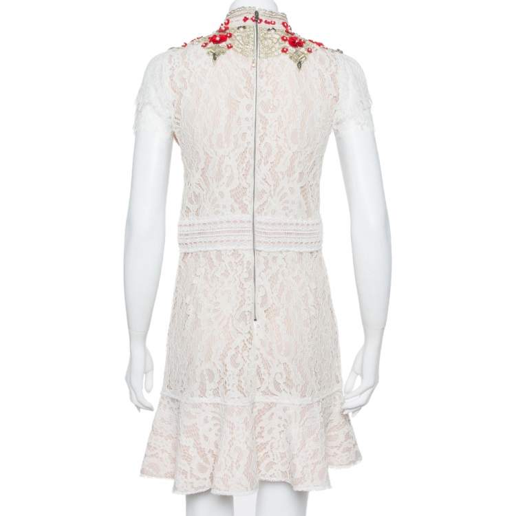 Pre Owned Alice + Olivia Cream Lace Embellished Fit & Flare Francine Mini Dress M