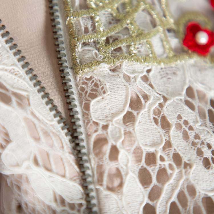 Pre Owned Alice + Olivia Cream Lace Embellished Fit & Flare Francine Mini Dress M