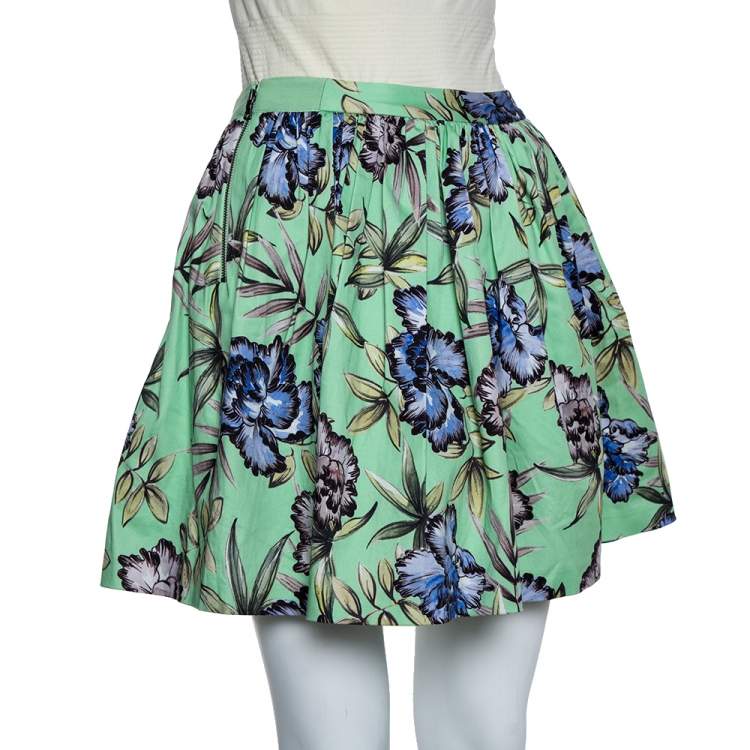 Pre Owned Alice +Olivia Green Floral Printed Cotton Pleated Tania Skirt S