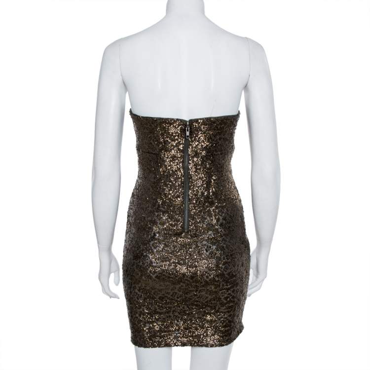 Pre Owned Alice + Olivia Gold Sequin Embellished Strapless Mini Dress S