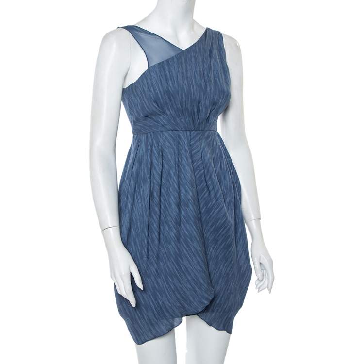 مملوكة مسبقًا Alice + Olivia Blue Silk Asymmetric Draped Sleeveless Dress S