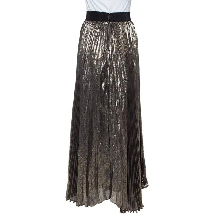 Pre Owned Alice + Olivia Gold & Black Silk Pleated Katz Maxi Skirt XS