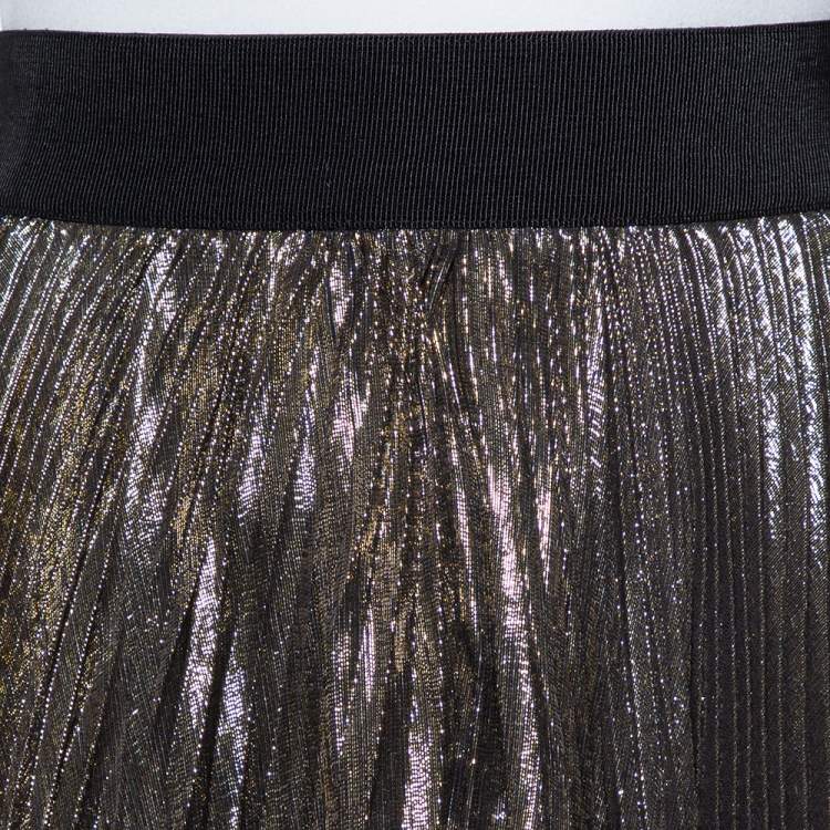 Pre Owned Alice + Olivia Gold & Black Silk Pleated Katz Maxi Skirt XS