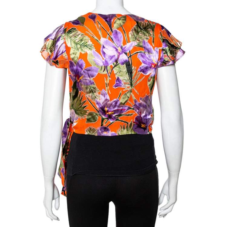 Pre Owned Alice + Olivia Orange Floral Devore Wrap Top L