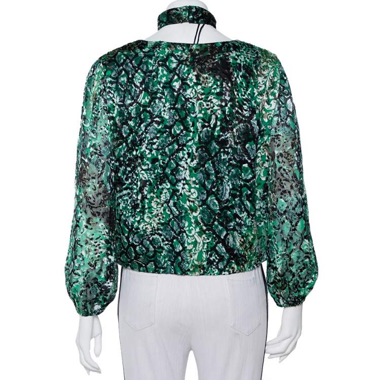 Pre Owned Alice + Olivia Green Animal Printed Devore Faux Wrap Choker Detail Top L