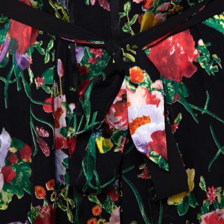 Pre Owned Alice + Olivia Black Rose Printed Devore Belted Robe XS