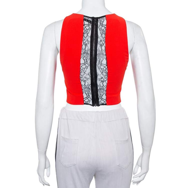 Pre Owned Alice + Olivia Red Crepe Lace Trim Detail Sleeveless Poppy Crop Top XS
