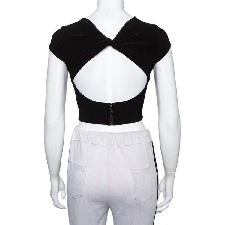Pre Owned Alice + Olivia Black Knit Back Open Detail Short Sleeve Crop Top XS
