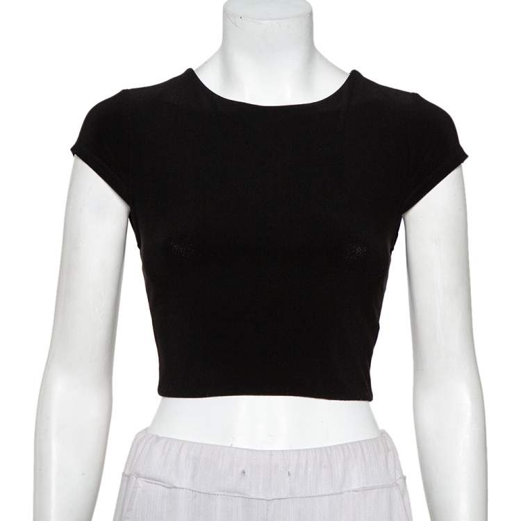 Pre Owned Alice + Olivia Black Knit Back Open Detail Short Sleeve Crop Top XS