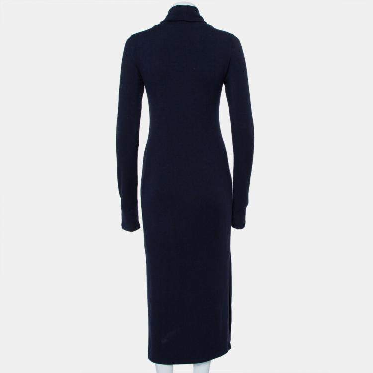Pre Owned Alice + Olivia Navy Blue Knit Turtle Neck Long Sleeve Slit Detail Maxi Dress M