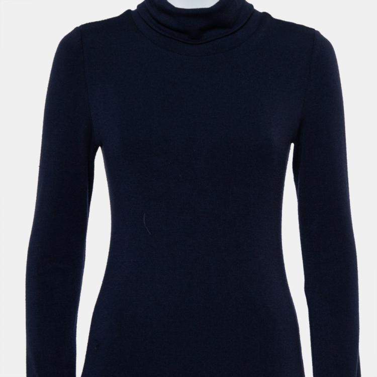 Pre Owned Alice + Olivia Navy Blue Knit Turtle Neck Long Sleeve Slit Detail Maxi Dress M
