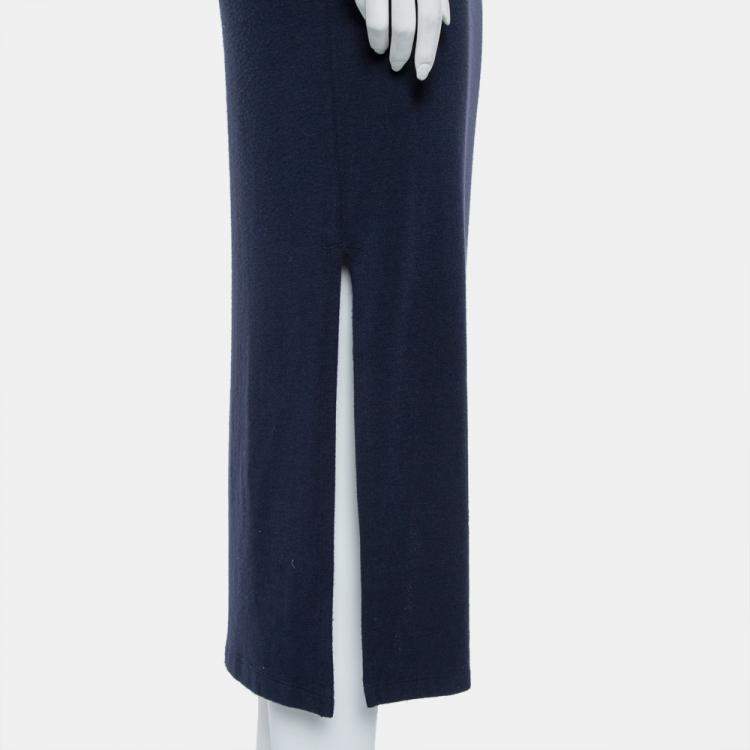 Pre Owned Alice + Olivia Navy Blue Knit Turtle Neck Long Sleeve Slit Detail Maxi Dress M