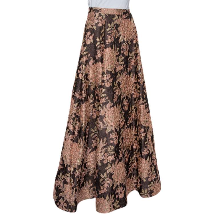 Pre Owned Alice + Olivia  Brown Lurex Floral Jacquard Pleated Rachelle Maxi Skirt S
