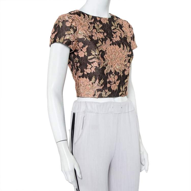Pre Owned Alice + Olivia Brown Lurex Floral Jacquard Top S