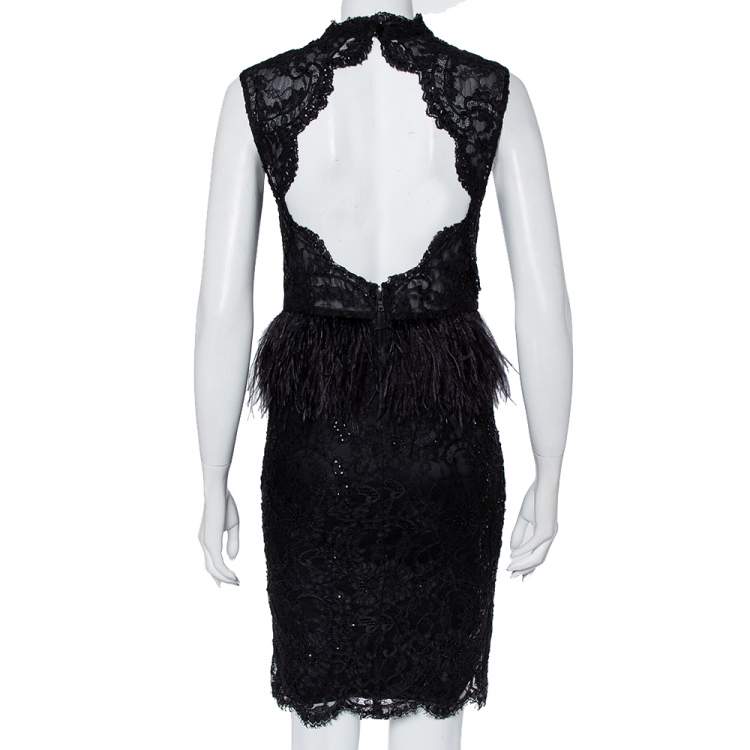 Pre Owned Alice + Olivia Black Embellished Lace & Feather Trim Patricia Peplum Dress S