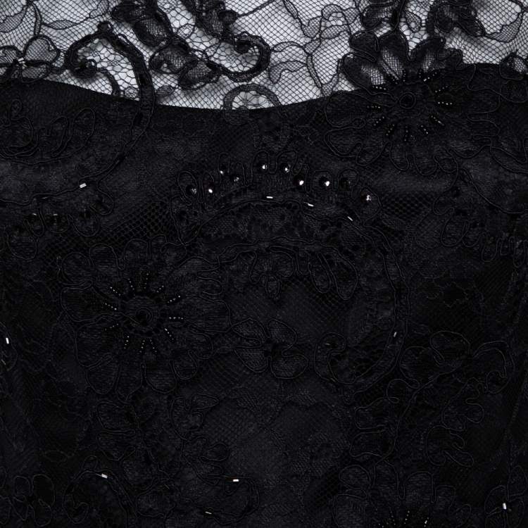 Pre Owned Alice + Olivia Black Embellished Lace & Feather Trim Patricia Peplum Dress S