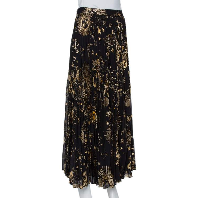 مملوكة مسبقًا Alice + Olivia Black Metallic Sun Printed Plisse Maxi Skirt S