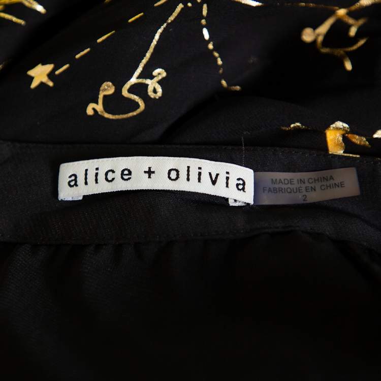 مملوكة مسبقًا Alice + Olivia Black Metallic Sun Printed Plisse Maxi Skirt S