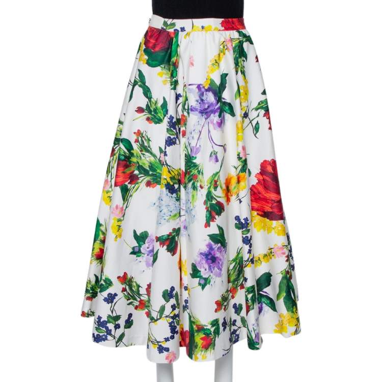 Pre Owned Alice + Olivia White Floral Printed Cotton Flared Maxi Skirt S