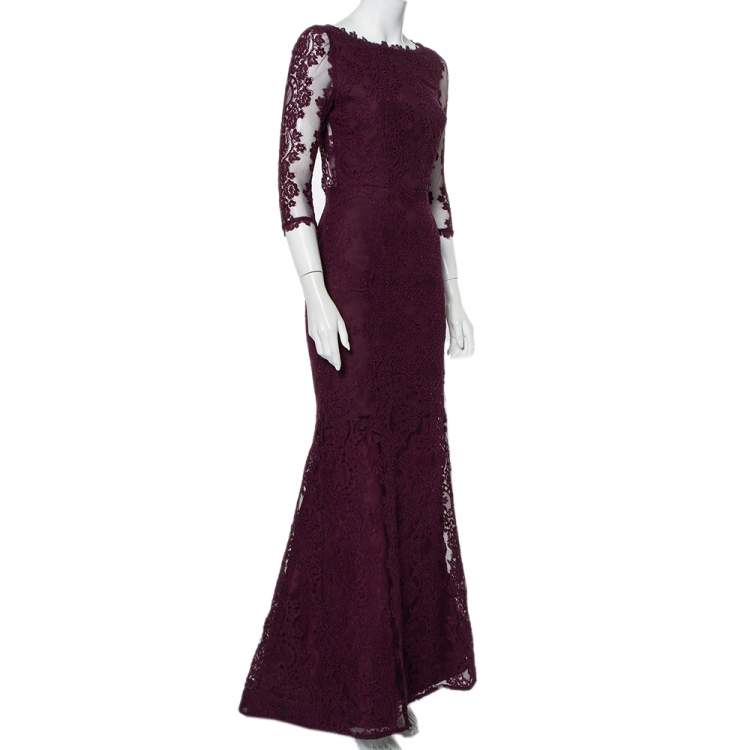 Pre Owned Alice + Olivia Purple Lace Open Back Fishtail Detail Gown S