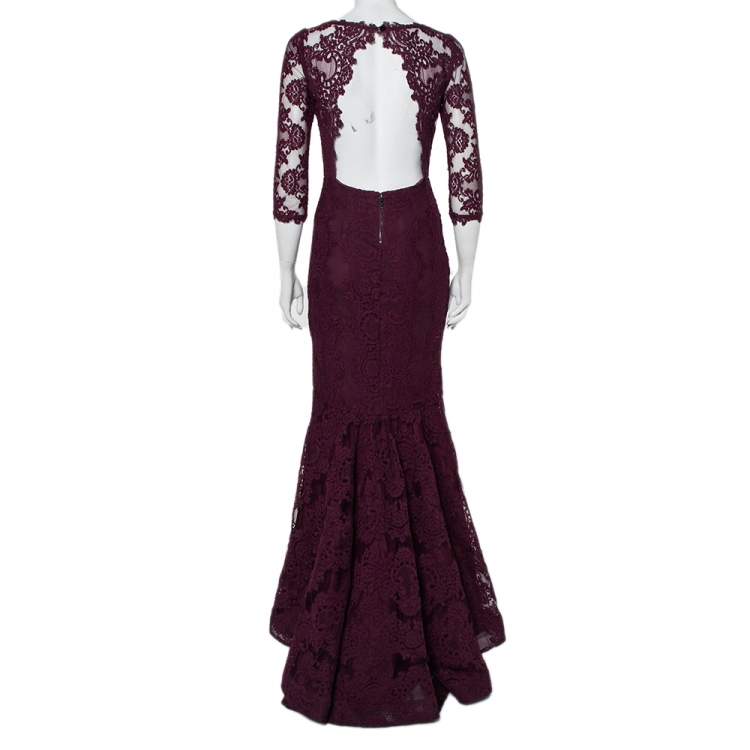 Pre Owned Alice + Olivia Purple Lace Open Back Fishtail Detail Gown S